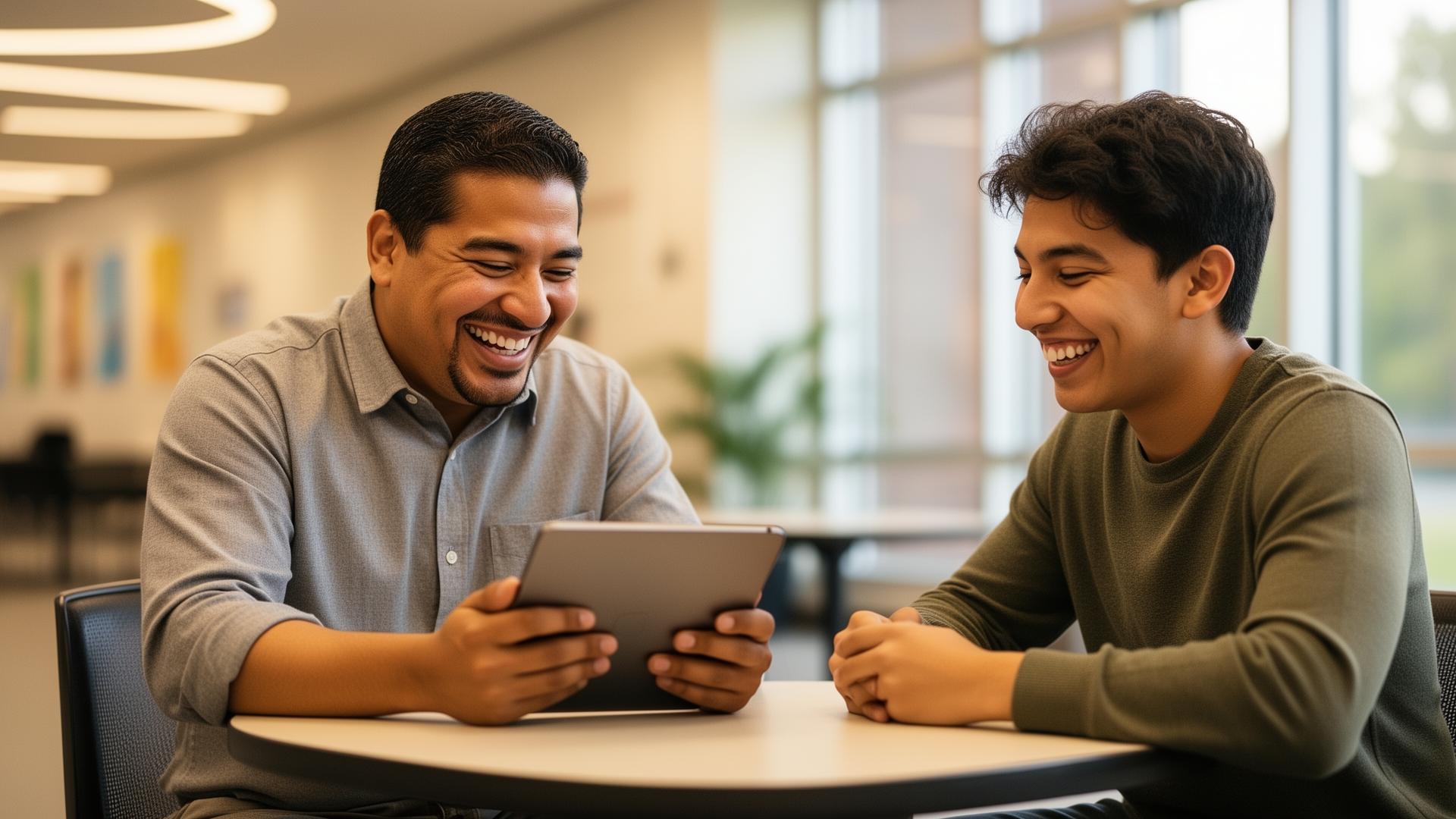 A behavioral health case manager and a young adult client laughing while reviewing a service plan on a tablet