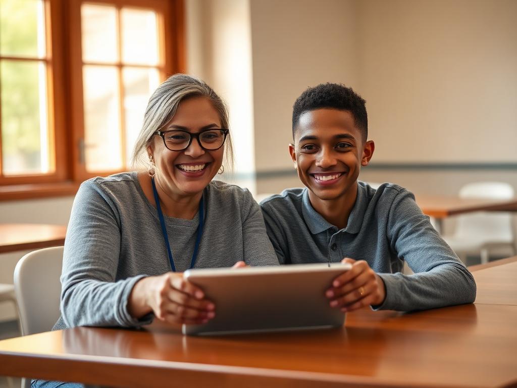A support coordinator and a young adult with a disability reviewing a plan together on a tablet